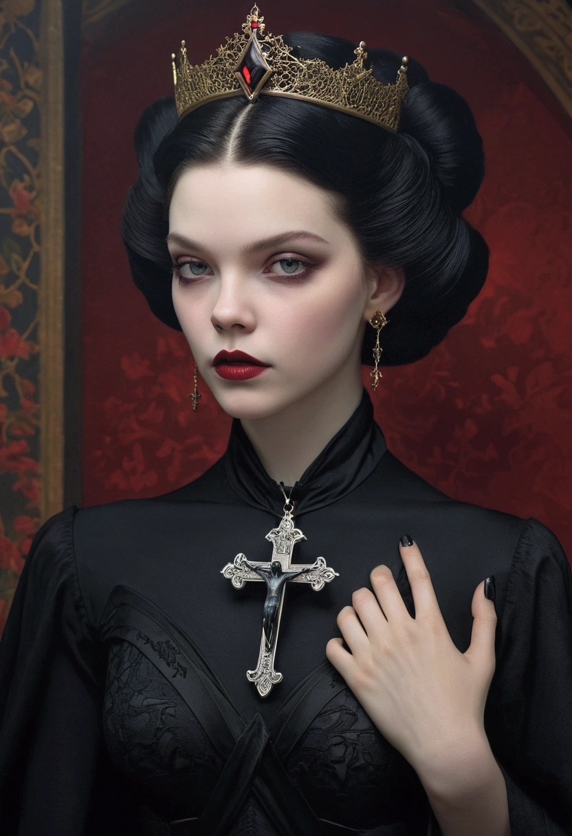 arafed woman in a black dress with a cross on her shoulder, an elegant gothic princess, beautiful vampire female queen, artstyle tom bagshaw, beautiful vampire queen, tom bagshaw weta studio, portrait of a lady vampire, anya taylor - joy vampire queen, tom bagshaw style, portrait of beautiful vampire, natalie shau tom bagshaw, gothic influence