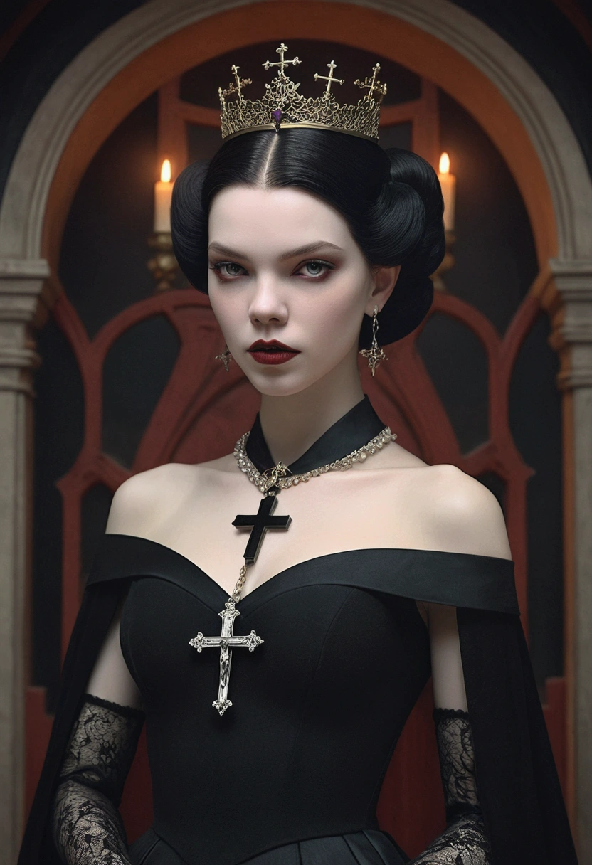 arafed woman in a black dress with a cross on her shoulder, an elegant gothic princess, beautiful vampire female queen, artstyle tom bagshaw, beautiful vampire queen, tom bagshaw weta studio, portrait of a lady vampire, anya taylor - joy vampire queen, tom bagshaw style, portrait of beautiful vampire, natalie shau tom bagshaw, gothic influence