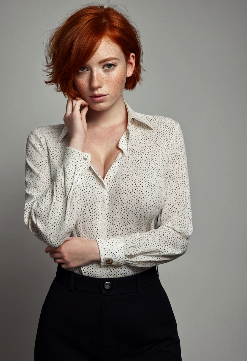 Girl , Red-Haired , freckles , shy short hair , very large breasts , wears a blouse, Blouse buttoned up to the top, visible buttons on the blouse, adult ,Sleeve style suit, whole body, other pose 