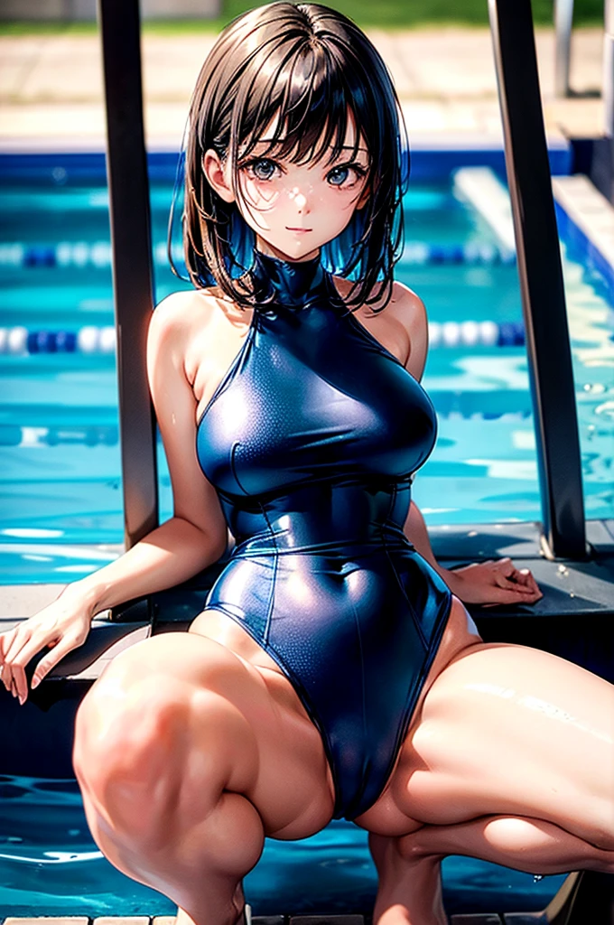 (4K,masterpiece,Highest quality,Super detailed),Low - Angle,From below,Cowboy Shot,(At the school pool),(All pages of (A Japanese woman)),():1.2,Medium Hair,Brown Hair,(Beautiful face in every detail),A light smile,shy,Slender body,(Detailed skin,Beautiful attention to detail),Mid-chest,Beautiful Hips,(Wet Blue Compression One Piece Full Back Swimsuit),Zoom in on the crotch,(Spread your legs,squat):1.2,Detailed panties and stockings:2.0