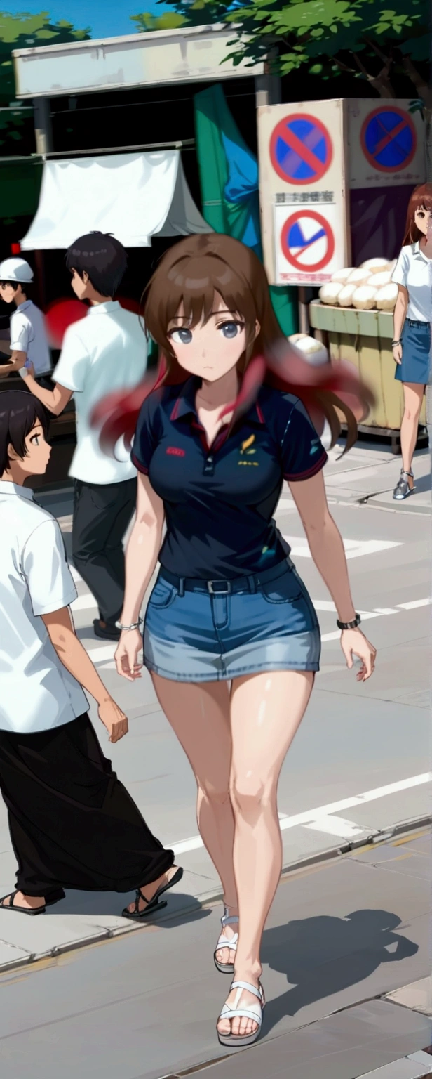 realistic anime of pretty young office woman is walking along alley at noon, construction site, (brown long mullet hair without bangs girl), (wearing black polo shirt, blue-gray denim pencil micro skirt and white sandals), (1girl, solo, full body), (masterpiece, best quality, expressive eyes, perfect face, japanese anime style)