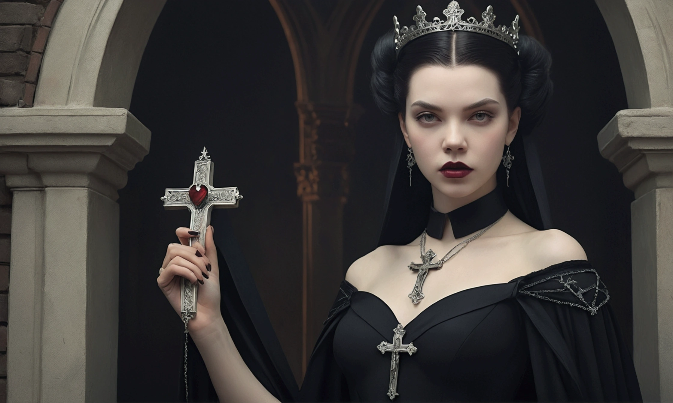 arafed woman in a black dress with a cross on her shoulder, an elegant gothic princess, beautiful vampire female queen, artstyle tom bagshaw, beautiful vampire queen, tom bagshaw weta studio, portrait of a lady vampire, anya taylor - joy vampire queen, tom bagshaw style, portrait of beautiful vampire, natalie shau tom bagshaw, gothic influence, id pic
