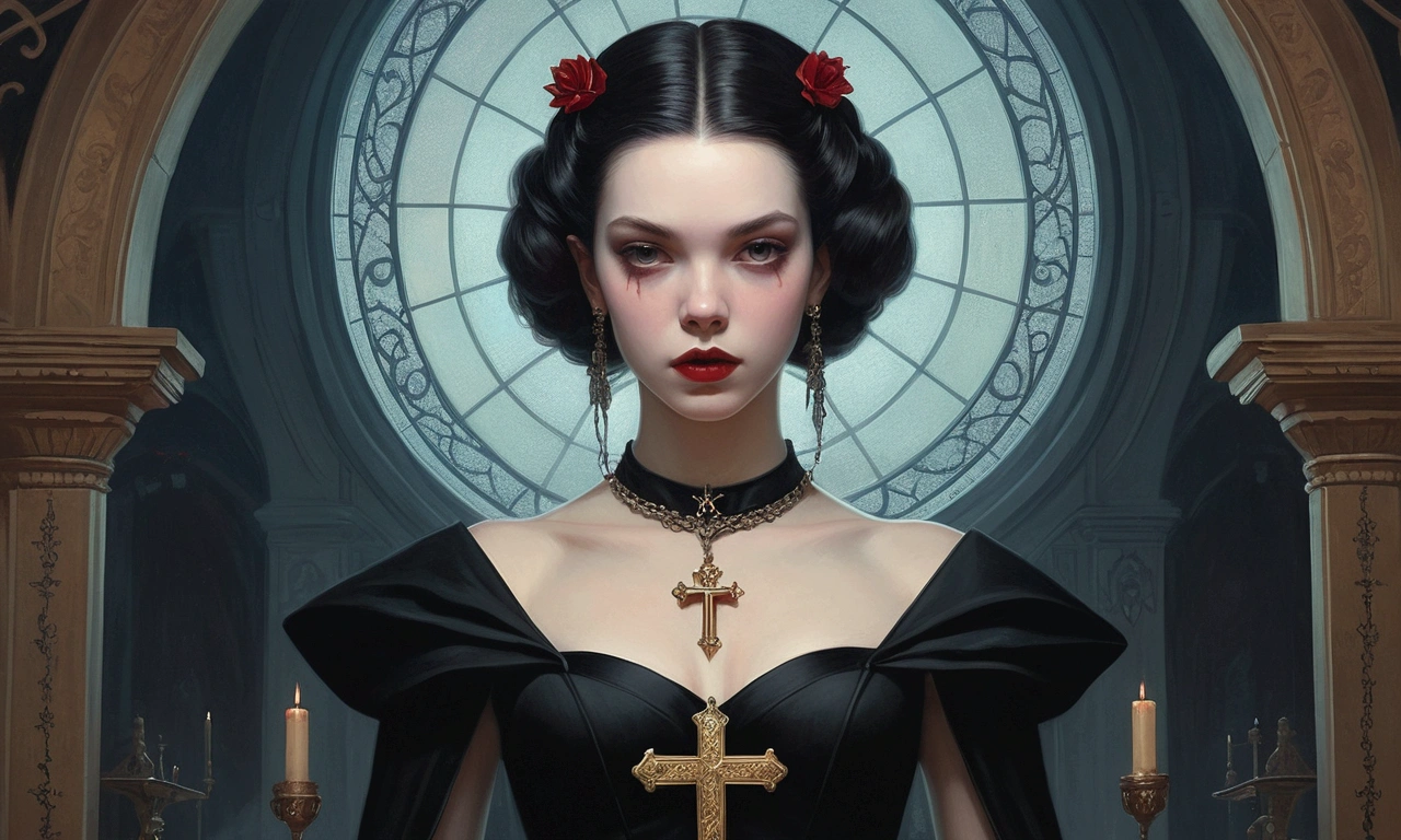 arafed woman in a black dress with a cross on her shoulder, an elegant gothic princess, beautiful vampire female queen, artstyle tom bagshaw, beautiful vampire queen, tom bagshaw weta studio, portrait of a lady vampire, anya taylor - joy vampire queen, tom bagshaw style, portrait of beautiful vampire, natalie shau tom bagshaw, gothic influence, id pic
