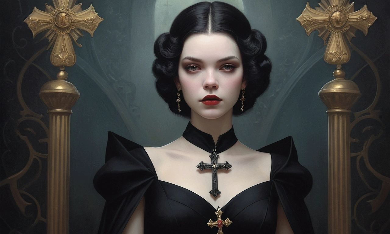 arafed woman in a black dress with a cross on her shoulder, an elegant gothic princess, beautiful vampire female queen, artstyle tom bagshaw, beautiful vampire queen, tom bagshaw weta studio, portrait of a lady vampire, anya taylor - joy vampire queen, tom bagshaw style, portrait of beautiful vampire, natalie shau tom bagshaw, gothic influence, id pic
