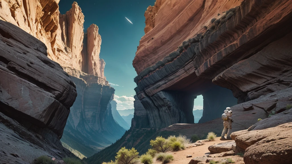 "Create a highly detailed and realistic sci-fi scene of two astronauts in futuristic space suits exploring a rocky canyon. In the background, there is a gigantic, ancient statue carved into the side of a cliff, resembling a humanoid figure. The atmosphere is otherworldly, with a mix of natural rock formations and advanced technology elements. The sky is clear, adding to the sense of mystery and adventure."