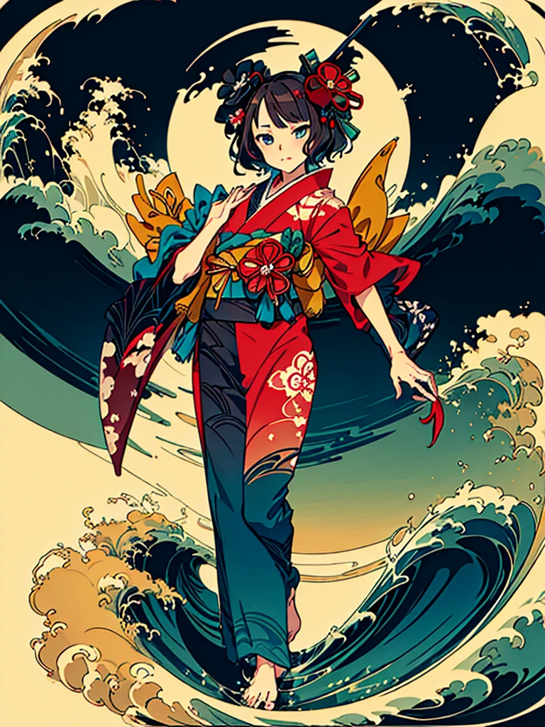 One girl, Katsushika Hokusai \(destiny\),  
Japanese,art,kimono,Traditional,background,Ukiyo-e, Parody, , Bold waves dancing with big brush strokes, Hokusai Katsushika, Delicate and precise, Modern Ukiyo-e style, background:36 Views of Fugaku Kanagawa Okinami Ura, flogged, white background, simple coloring ,hokusai, masterpiece, super high quality, ( Highly detailed original illustration), , ((Hana Sakura)(graffiti)), Double exposure, A fluid fusion of abstract art, Glitch, ( 2D), ( Original illustration composition), ( Limited edition color fusion, Maximalism art style, Geometric art style, fire, Junk Art), Yellow theme, background渦と波,[1 Girl:7], (Tilt your head:1.2), ([sketch|watercolor \(Moderate\)]:1.15),混沌とした抽象なbackground, Vector Trace, グラデーションブレンディング and whole body, Artistic elements add depth to the work,Katsushika Hokusai,sketch (Character design sheet, same characters, whole body, Three-View, front, ~ ~ ~ ~ side, return) 1 female, Nervous,Cowboy Shot,,(Very bright:1.1), 白色のbackground, [1 Girl:7], (Tilt your head:1.2), ([sketch|watercolor \(Moderate\)]:1.15)