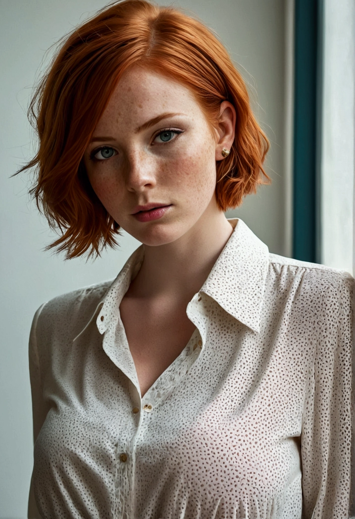 Girl , Red-Haired , freckles , shy short hair , very large breasts , wears a blouse, Blouse buttoned up to the top, visible buttons on the blouse, adult ,Sleeve style suit