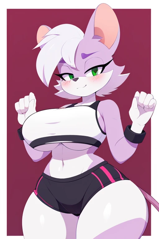 high quality, high res, outline, , mouse, rodent, female, by whygena, reggie_(whygena furry), , wide hips, flat colours, outlines, lines, huge thighs, white body, pink rat tail, white hair, short asymetric hair, green eyes, long eyelids, eyes looking down at , cheek tuft, black sport bra, sport shorts, black sport clothes, flat snout, small snout, asymetric hair, blush on face, underboob , huge breasts, huge thighs, hands up, girly wrist, 4fingers,nsfw,furry,blaze the cat,