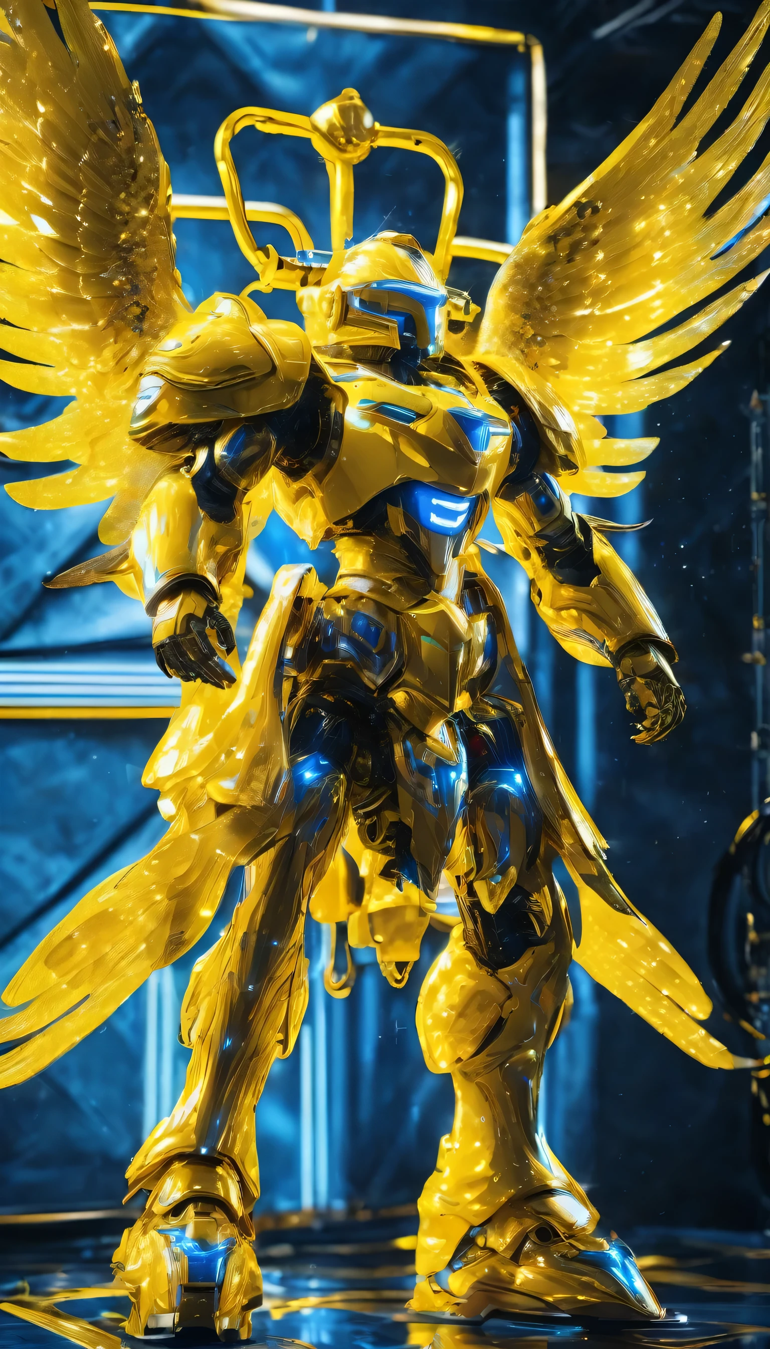 All yellow abstract, fabric splash, futuristic, armored hebrew cherubim, blue Rembrandt lights style, 8k with 4D, Michaelangelus, Leornado Da Vinci mechanics, shiny lights vivid, realism, photo abstract