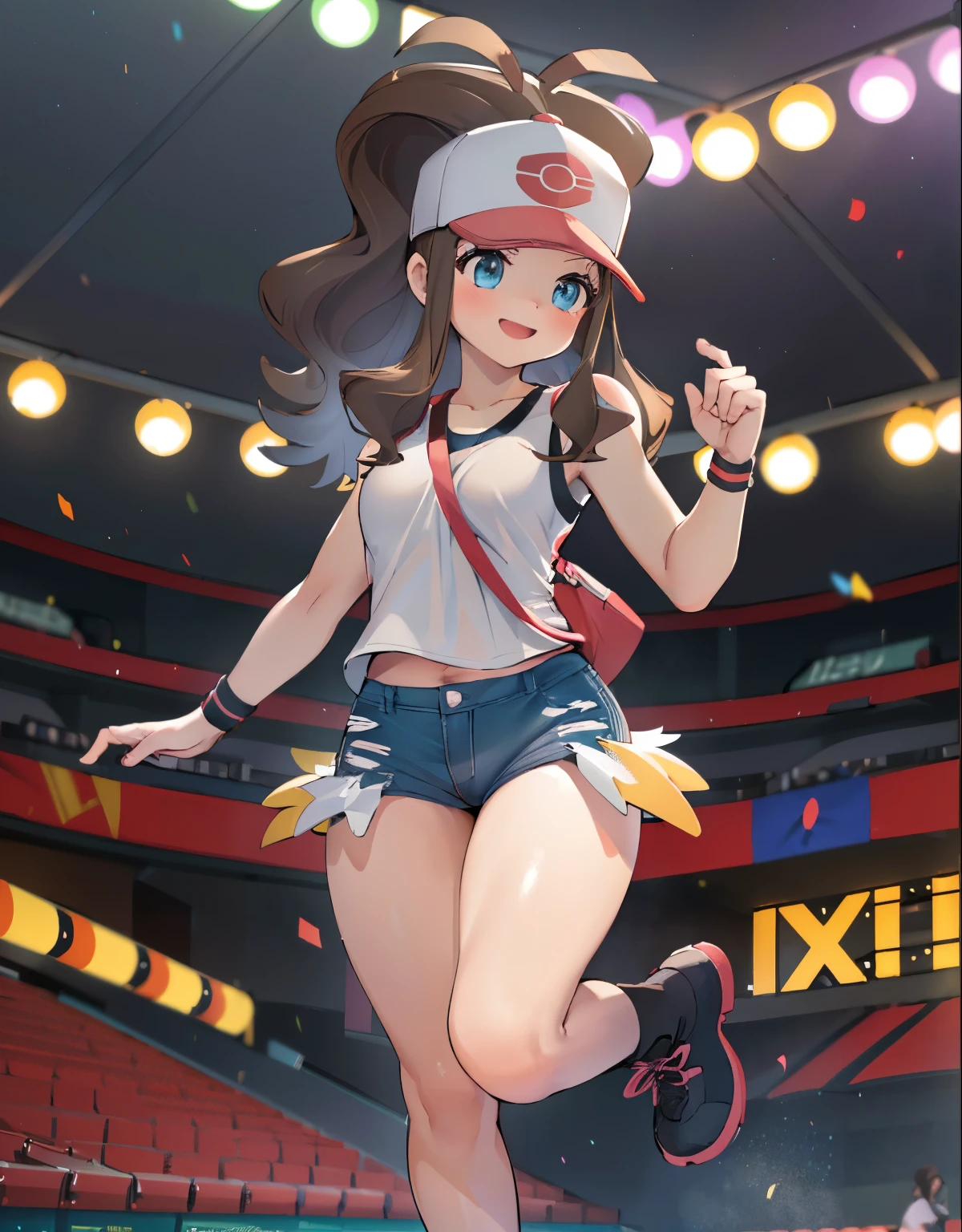 (best quality,4k,8k,highres,masterpiece:1.2), ultra-detailed, realistic:1.37, HDR, studio lighting, vivid colors, hilda pokemon, def1, full body, curvy girl, from below, look up to, smile, loved gaze, happy, visible thighs, chubby thighs, thighs in the foreground, in a stadium