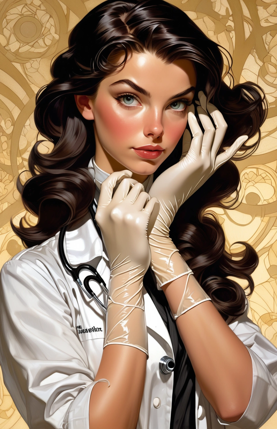 26 y.o sexy doctor, putting on rubber gloves, detailed eyes, natural skin, hard shadow. Style by J.C. Leyendecker