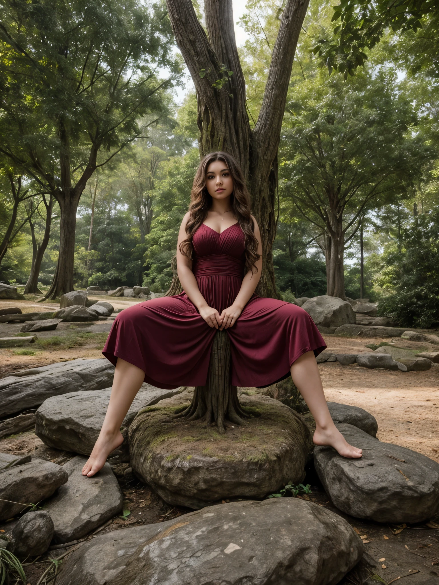 (a giant tree), micro-woman, tiny-woman, mini-woman and a giant tree, thick body, long wavy hair, thick thighs, wide hips, photo studio, sitting on a stone, tight elegant maroon dress