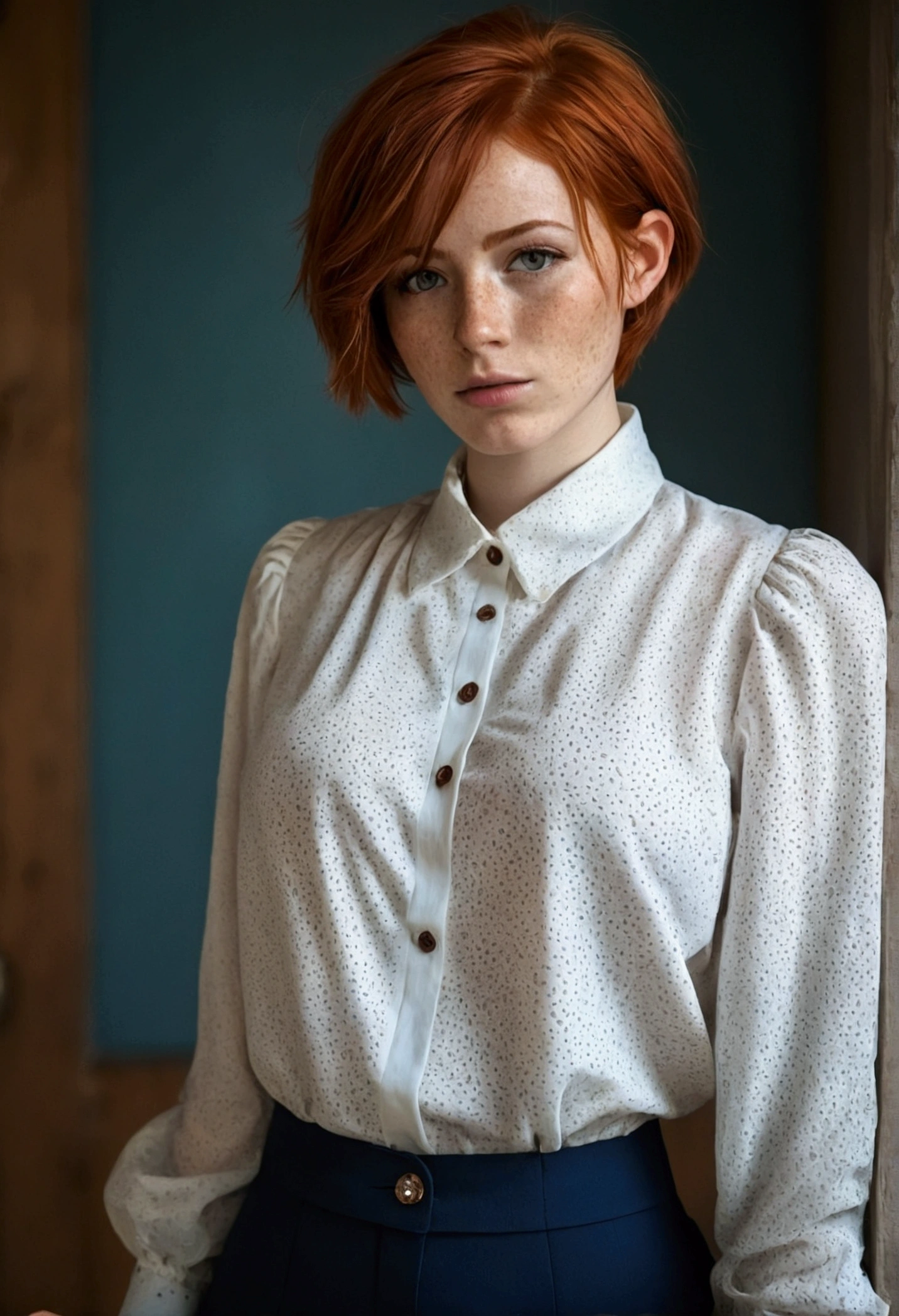 Girl , Red-Haired , freckles , shy short hair , very large breasts , wears a blouse, Blouse buttoned up to the top, visible buttons on the blouse, adult ,Sleeve style suit