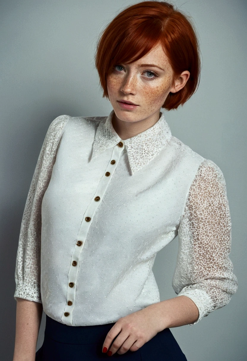 Girl , Red-Haired , freckles , shy short hair , very large breasts , wears a blouse, Blouse buttoned up to the top, visible buttons on the blouse, adult ,Sleeve style suit