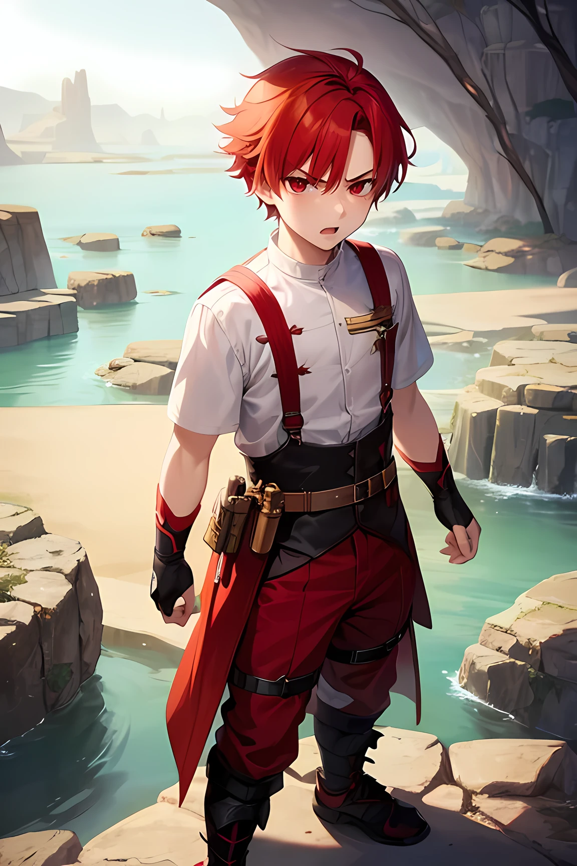 1boy, man, red hair, angry expression, red eyes, short hair, full body, hd, high quality, 4k, disgusted, 1boy, cave background, white costume