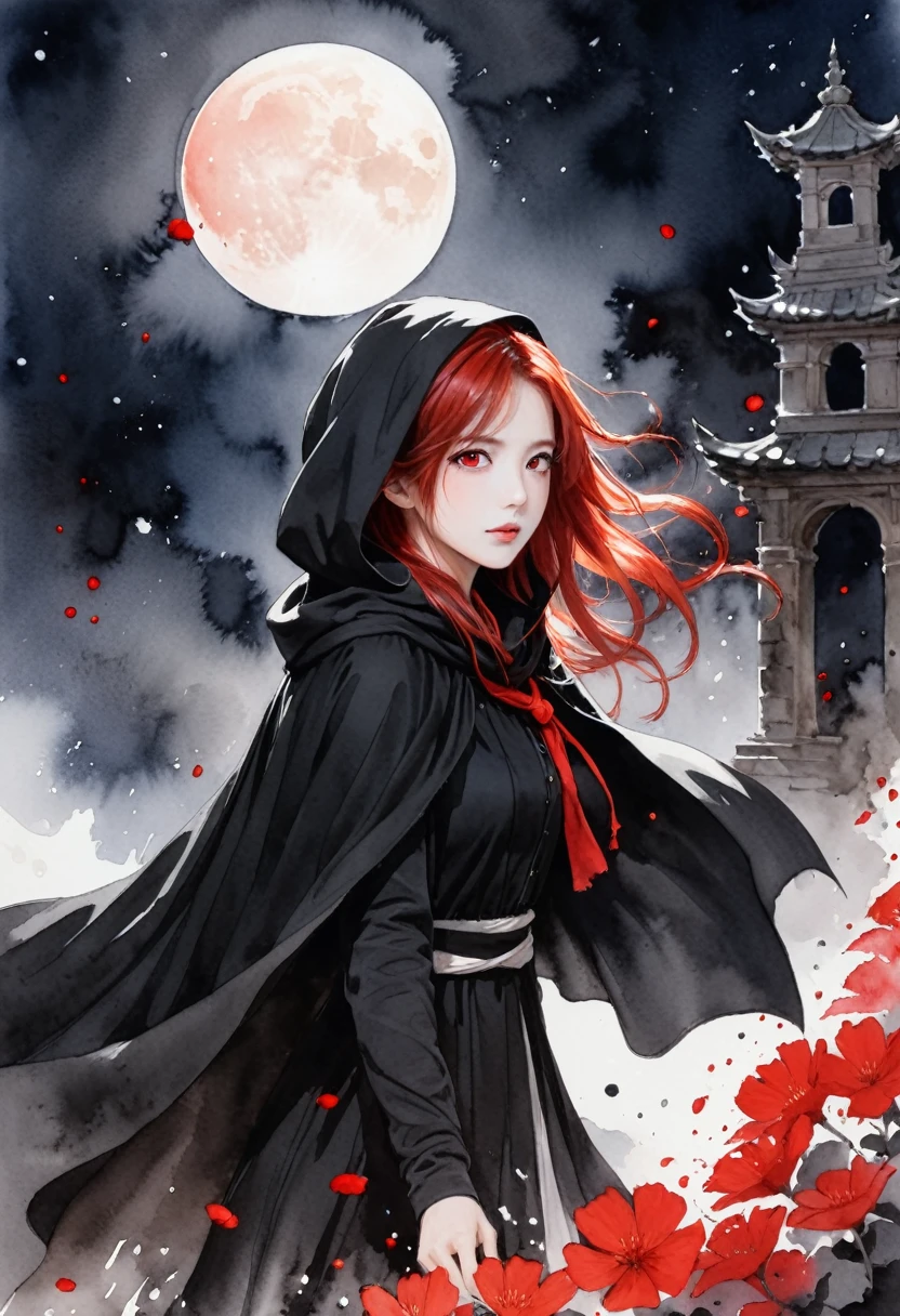 1girl,(red hair)),red eyes,萝,long hair,(loose long hair),((black cloak)),(cape hood),scarf,red moon on the sky,night,floating red flowers falling,upper body,ruins,intense shadows,ash,fire,ice,((Ink wash painting)),((ink splashing)),((color splashing)),