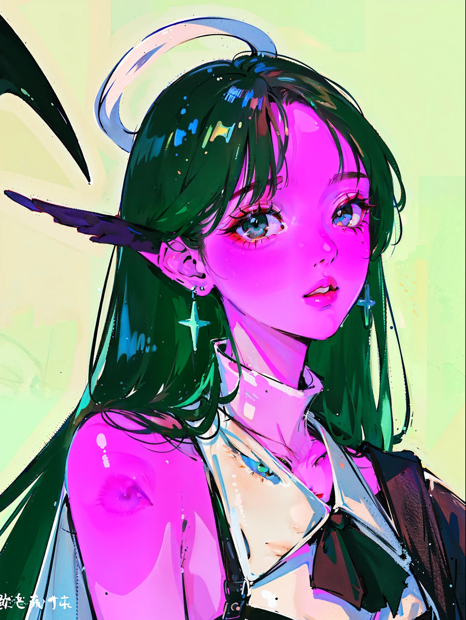 (Portrait:1.4), (masutepiece:1.2, Best Quality:1.2), bottom-up, Full body, 1 girl with long black sleek hair with flat bangs, green highlight, Solo, Looking down, Face Focus, Extreme facial details, Cool eyes, extremely detailed eye, goodlooking, makeup, Fingers on lips, green Eyes, Thin, slim, white fur coat, Black tights, earrings, (Marco) Cafe)