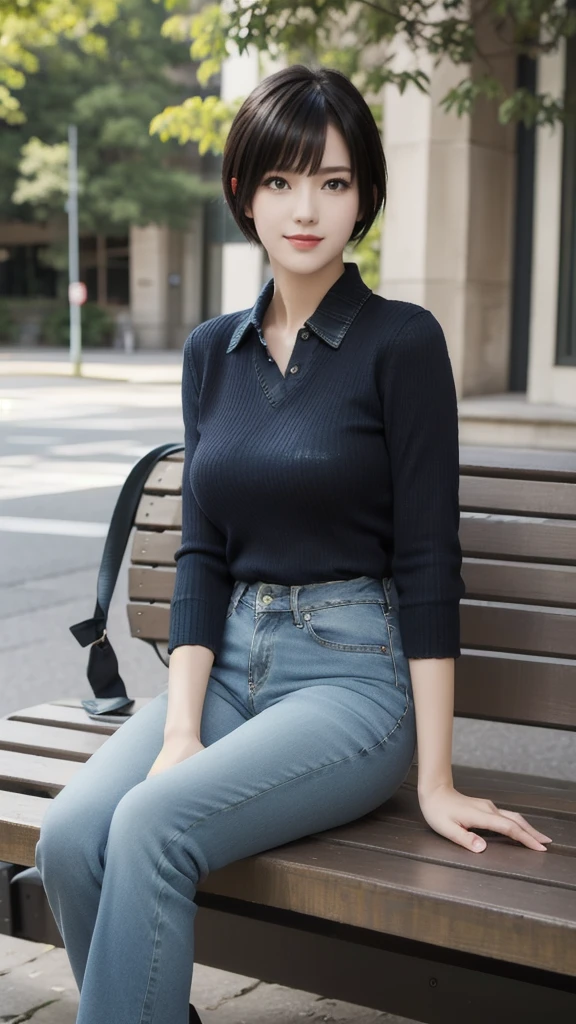 Only one female, (Sitting on a bench), stylish (Refreshing knitwear) (Denim pants), Mature Woman, /(Black short hair/) bangs, A kind smile, (Masterpiece Top quality:1.2) Delicate illustrations, super detailed, Big Break (A typical college campus) Outdoor, Casual Bags, noon, Detailed Background