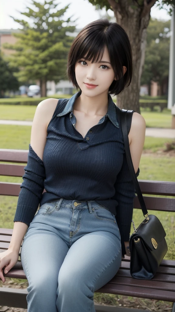 Only one female, (Sitting on a bench), stylish (Refreshing knitwear) (Denim pants), Mature Woman, /(Black short hair/) bangs, A kind smile, (Masterpiece Top quality:1.2) Delicate illustrations, super detailed, Big Break (A typical college campus) Outdoor, Casual Bags, noon, Detailed Background