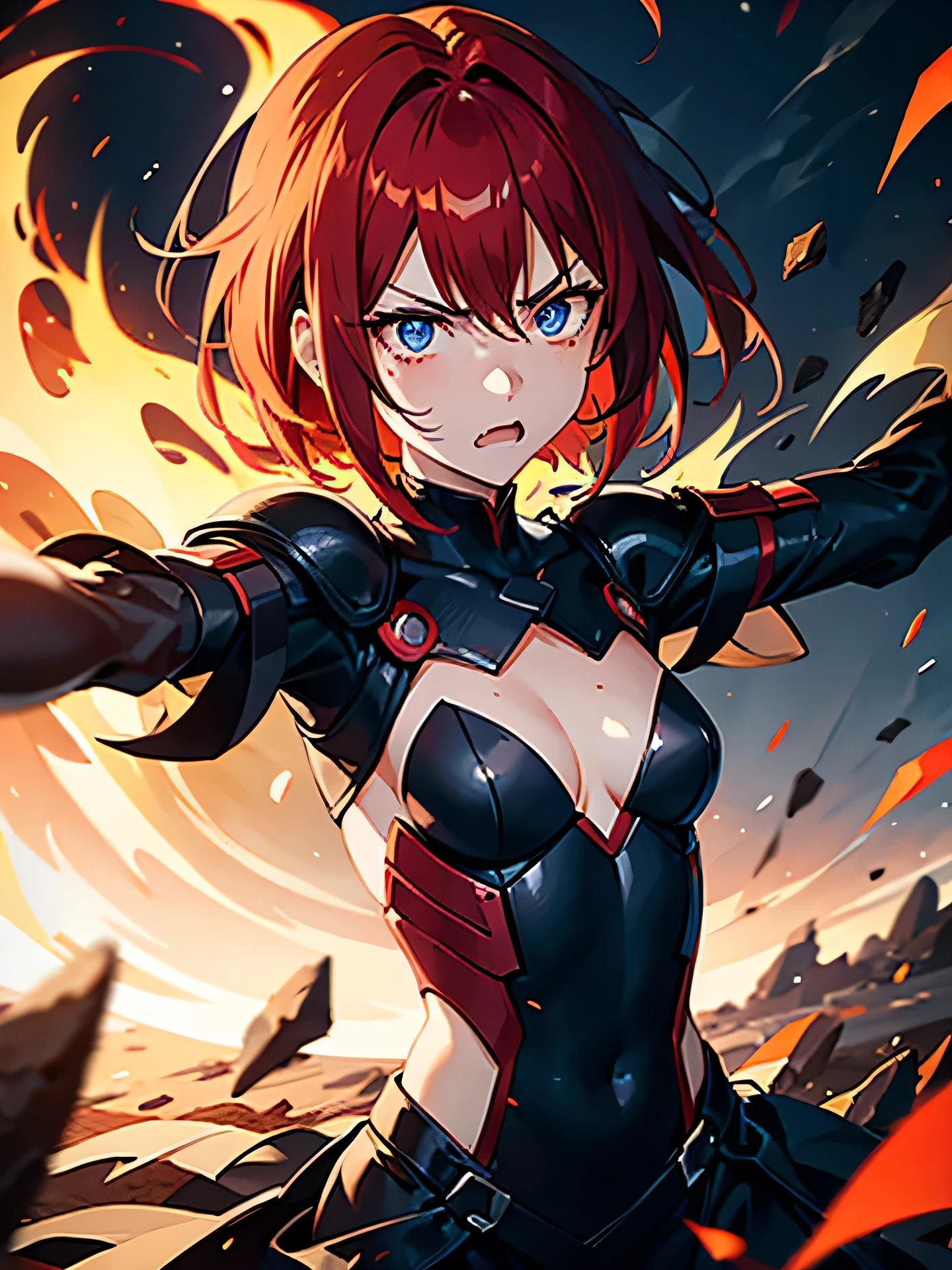 Anime girl with short red hair reaching the nape of the neck and fierce blue eyes., He was so angry that his teeth clenched and his eyes burned., The background is a fire of anger and determination.