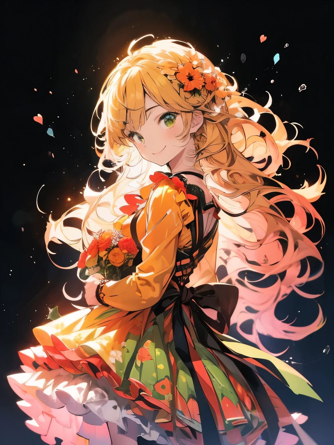 Masterpiece、smile、Anime Girls, Yellow Hair、 Green Eyes、Cute Anime Girls、smile、((marigold))、Lots of roses、fractal art、Gwaiz、garden、Flower garden