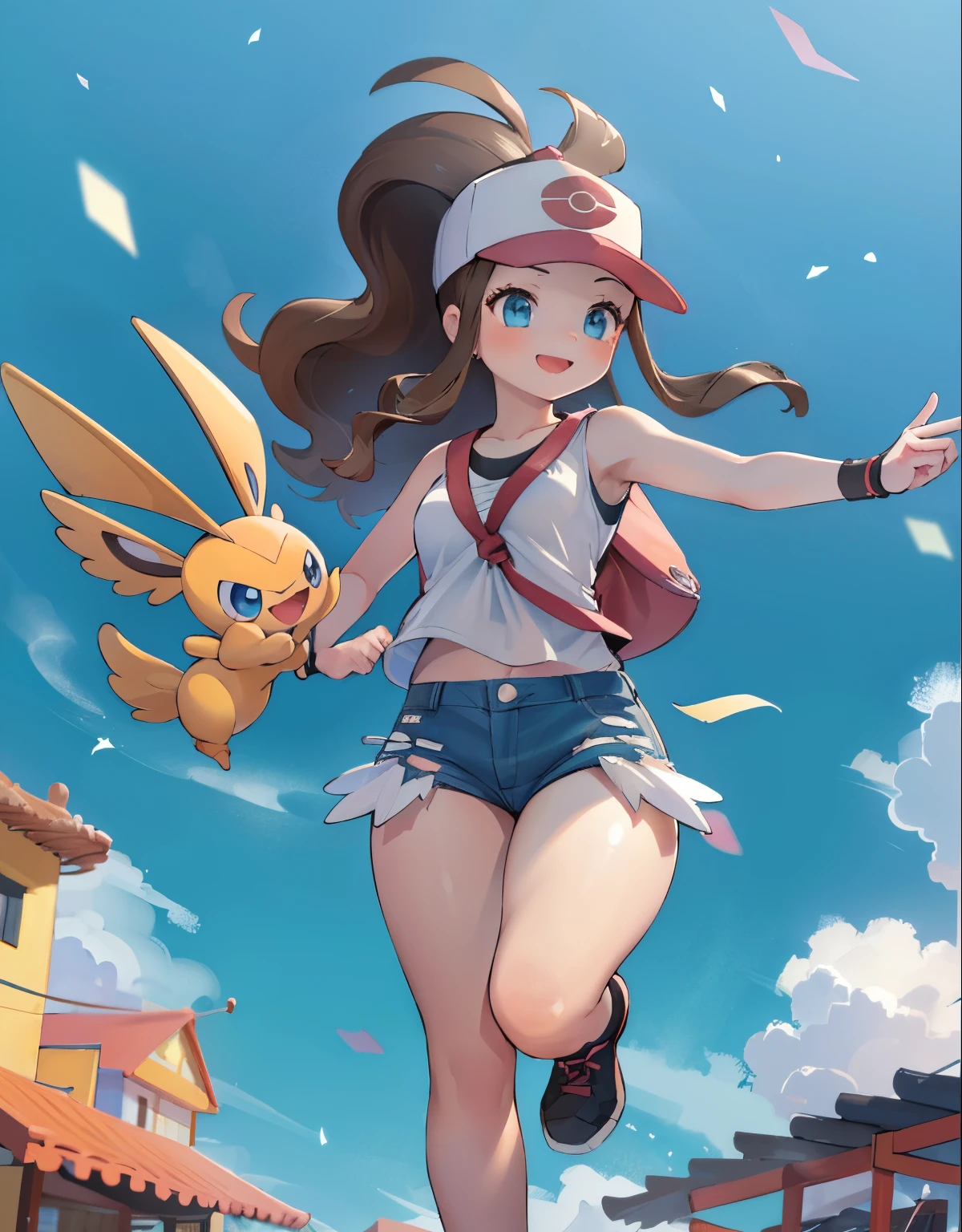 (best quality,4k,8k,highres,masterpiece:1.2), ultra-detailed, realistic:1.37, HDR, studio lighting, vivid colors, hilda pokemon, def1, full body, curvy girl, from below, look up to, smile, loved gaze, happy, visible thighs, chubby thighs, thighs in the foreground, in a mexican town, a girl running in a mexican town, body shape, accompanied by a group of pokemons, she is happy