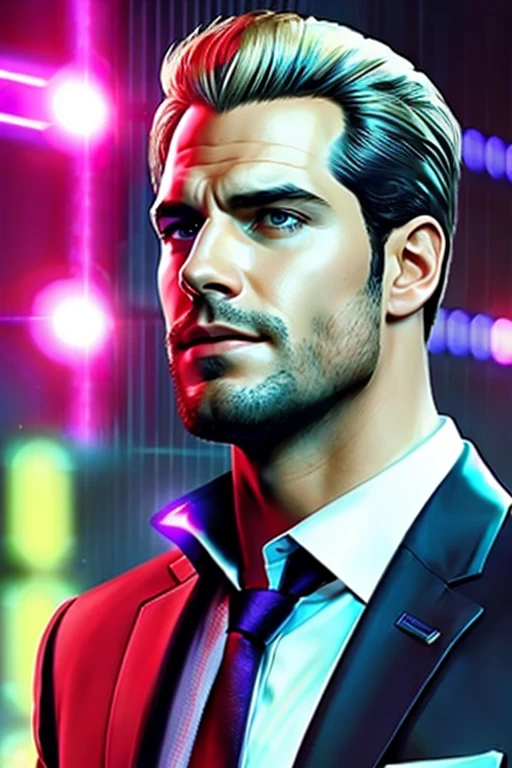 agente secreto, handsome man, male, stark, henry cavill, cyberpunk style executive outfit, smiling, blue colored eyes, blond, seducer