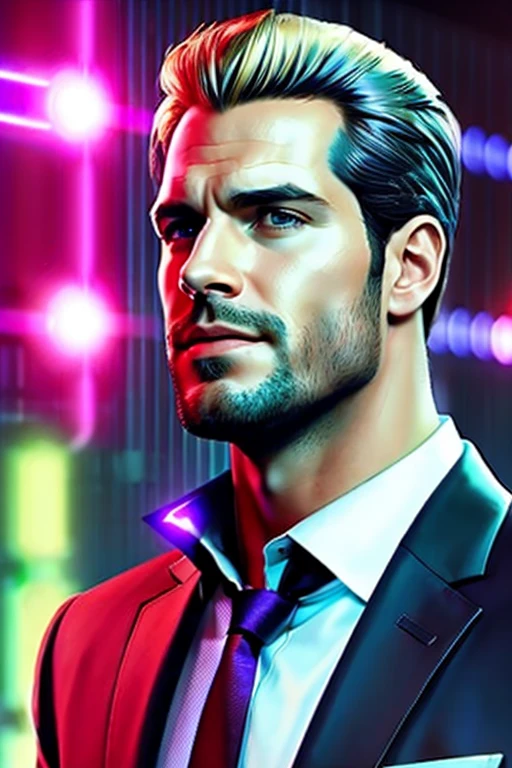 agente secreto, handsome man, male, stark, henry cavill, cyberpunk style executive outfit, smiling, blue colored eyes, blond, seducer