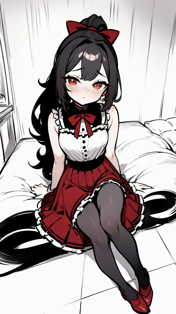 using pantimedies, wavy black hair, piercing look with deep red eyes, average stature, Silky hair with a ponytail hairstyle collected with a red bow with two white lines, with clothes, has a vagina, has breasts, cup of breasts, small breasts, slim, foreground, Session, sitting in her room, sitting on the floor of her room, wearing pantyhose, using pantimedies, Picardias, short skirt, shoes, blouse with straps, blush