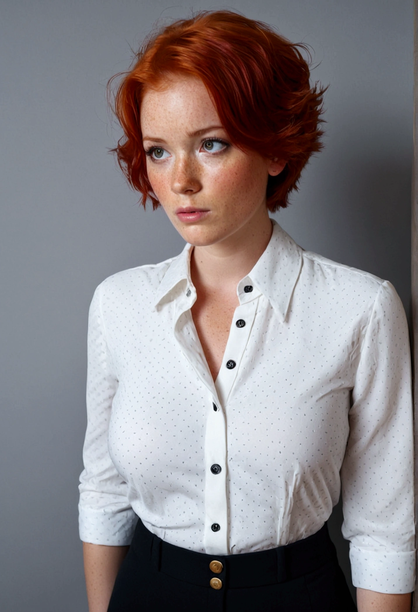 Girl , Red-Haired , freckles , shy short hair , very large breasts , wears a blouse, Blouse buttoned up to the top, visible buttons on the blouse, adult ,Sleeve style suit