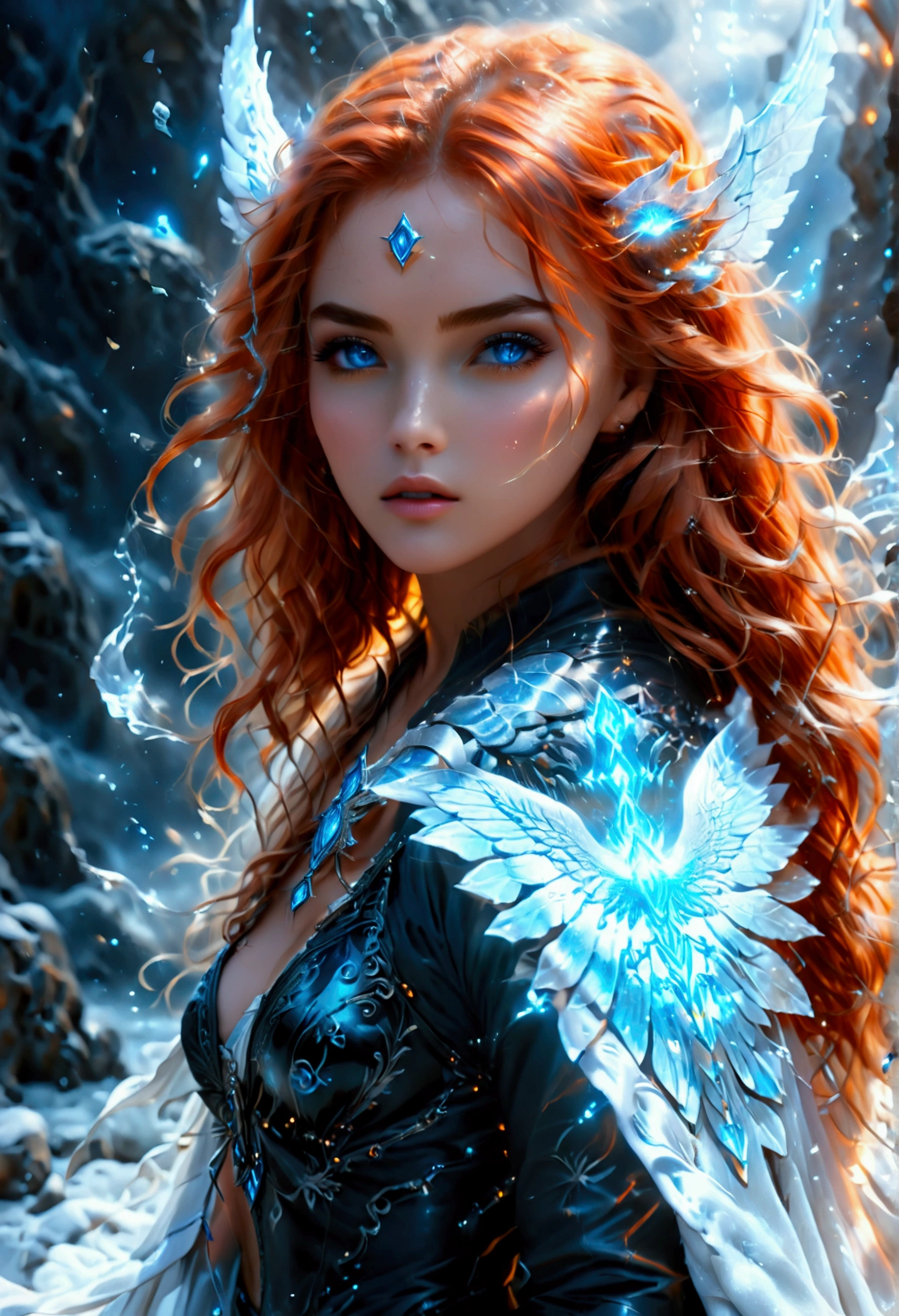 arafed high details, best quality, 16k, (ultra detailed: 1.5), masterpiece, best quality, (extremely detailed), dynamic angle, ultra wide shot, photorealistim, RAW, fantasy art, dnd art, fantasy art, realistic art, a wide angle picture of a female aasimar sorceress casting a ice spell, full body  (intense details, Masterpiece, best quality), D&D aasimar, exremley beautiful female aasimar, orange hair, long hair, wavy hair, dynamic eyes color, angelic eyes, radiant magical eyes, ultra detailed face (intense details, Masterpiece, best quality), spread angelic wings, white angelic wings (intense details, Masterpiece, best quality),  wearing [black] robe, wearing blue cloak, long cloak, flowing cloak with ice motifs (intense details, Masterpiece, best quality), armed with magical staff (intense details, Masterpiece, best quality), manipulating ice magical energy (intense details, Masterpiece, best quality), controlling lightning, dark fantasy magical tower background, evil temple background (intense details, Masterpiece, best quality), Cinematic Hollywood Film, Intense gaze