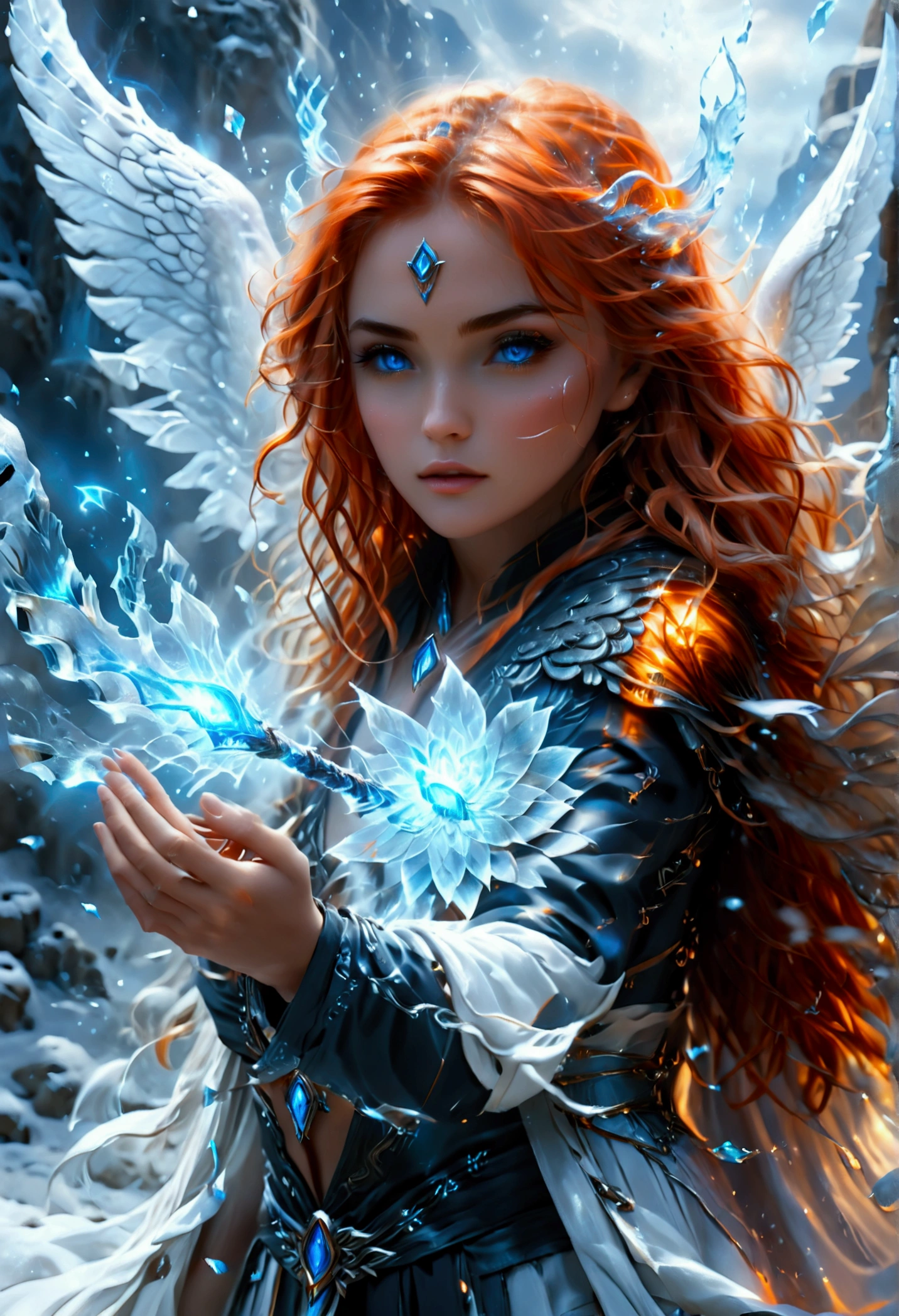 arafed high details, best quality, 16k, (ultra detailed: 1.5), masterpiece, best quality, (extremely detailed), dynamic angle, ultra wide shot, photorealistim, RAW, fantasy art, dnd art, fantasy art, realistic art, a wide angle picture of a female aasimar sorceress casting a ice spell, full body  (intense details, Masterpiece, best quality), D&D aasimar, exremley beautiful female aasimar, orange hair, long hair, wavy hair, dynamic eyes color, angelic eyes, radiant magical eyes, ultra detailed face (intense details, Masterpiece, best quality), spread angelic wings, white angelic wings (intense details, Masterpiece, best quality),  wearing [black] robe, wearing blue cloak, long cloak, flowing cloak with ice motifs (intense details, Masterpiece, best quality), armed with magical staff (intense details, Masterpiece, best quality), manipulating ice magical energy (intense details, Masterpiece, best quality), controlling lightning, dark fantasy magical tower background, evil temple background (intense details, Masterpiece, best quality), Cinematic Hollywood Film, Intense gaze