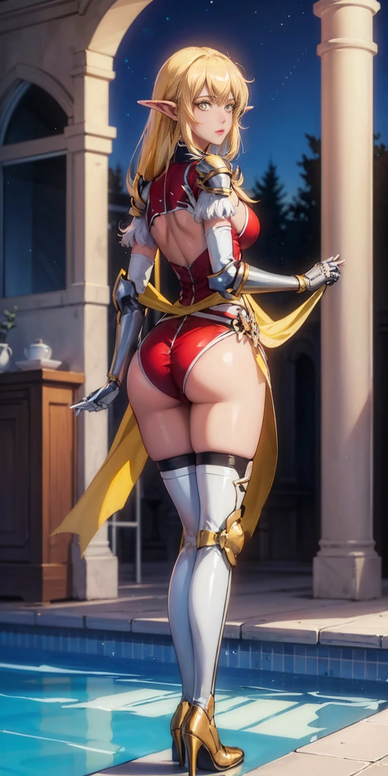 masterpiece, best quality, high quality, 1solo dark black SKIN elf, long hair, white hair, yellow eyes, full body, breastplate, looking at viewer, shiny, armor, thigh highs, high boots, shoulder armor, faulds, poleyn, gloves, gauntlets, (((1 girl))), medium to large breasts, a beautiful and cute lady, standing, (((in the pool at night))), (big muscular ass), {{{wearing armor }}} (thin waist), (incredibly beautiful full body photo, standing, (((bright eyes))), good anatomy, perfect hand muscular legs))), thin waist, muscular abdomen, wearing black high heel shoes, (((with her back to me showing her big shapely ass to me))), grabbing own ass