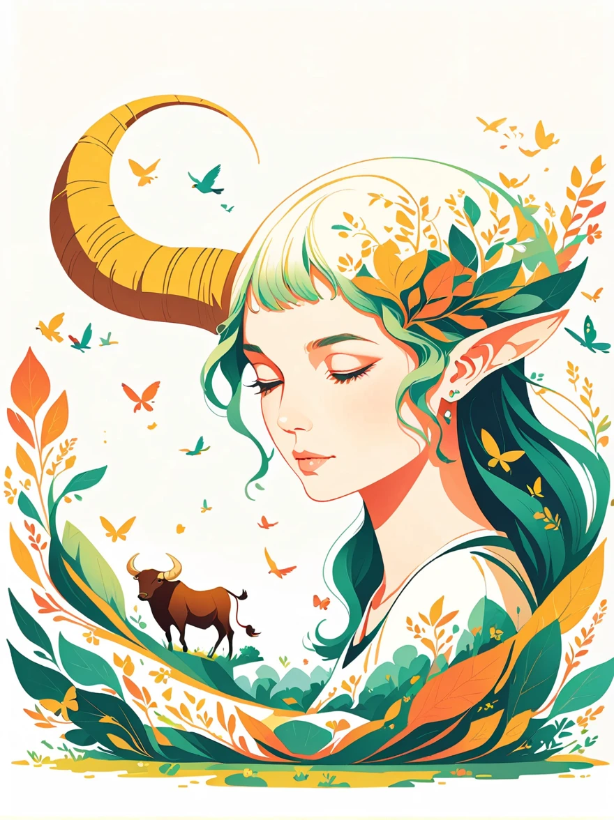 Vector flat illustration art,The tiny gnat gently lands on the horn of a large, strong bull. The bull, with a calm and gentle expression, continues to munch on grass, unaware of the gnat on its horn. The meadow is bathed in warm sunlight, with butterflies fluttering around and birds perched on nearby trees,vivid,flash,reflection,best number,8k,high definition,high resolution,double exposure,Beautiful digital illustration,Evander Earle style,fine details,Paul Signac style,beautiful details