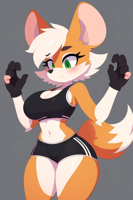 high quality, high res, outline, , mouse, rodent, female, by whygena, reggie_(whygena furry), , wide hips, flat colours, outlines, lines, huge thighs, white body, pink rat tail, white hair, short asymetric hair, green eyes, long eyelids, eyes looking down at , cheek tuft, black sport bra, sport shorts, black sport clothes, flat snout, small snout, asymetric hair, blush on face, underboob , huge breasts, huge thighs, hands up, girly wrist, 4fingers,nsfw,furry,tails the fox,