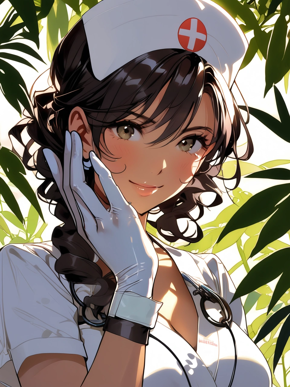 26 y.o sexy nurse, putting on rubber gloves, detailed eyes, natural skin, hard shadow. Style by J.C. Leyendecker. Style by Makoto Shinkai