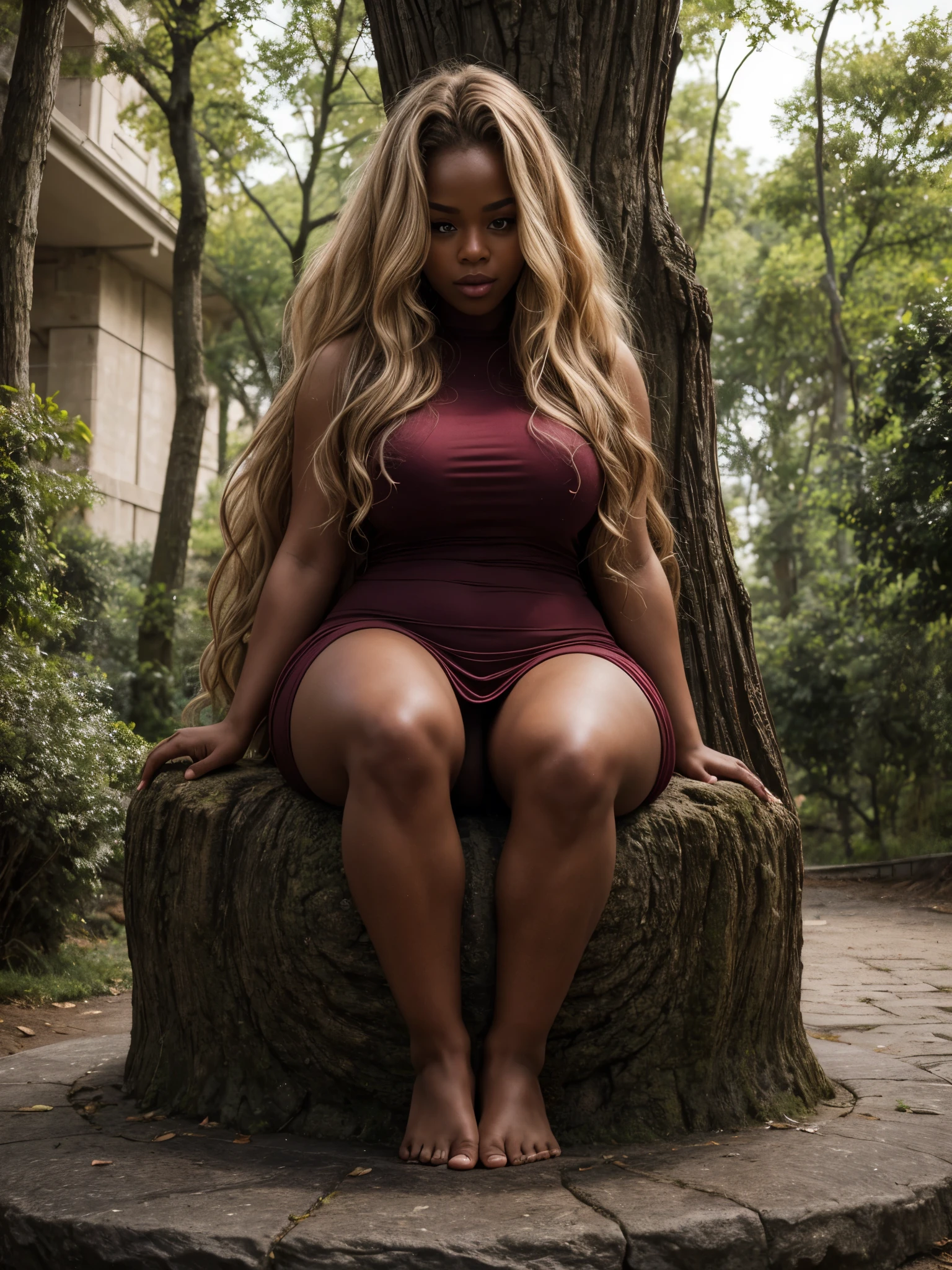 (a giant tree), micro-woman, tiny-woman, mini-woman and a giant tree, thick body, long wavy blonde hair, thick thighs, wide hips, photo studio, sitting on a stone, very dark skin, tight elegant maroon dress