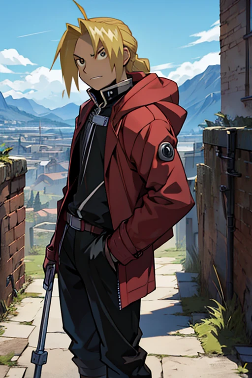Create an illustration of Edward Elric from the anime Fullmetal Alchemist. He should be in his classic outfit: a red jacket with a hood, a black shirt, and dark pants. Edward should be posed confidently, with his right hand showing off his metal automail arm. The background can be an urban setting or a scene reminiscent of the Fullmetal Alchemist universe, such as a steampunk cityscape or a mountainous landscape