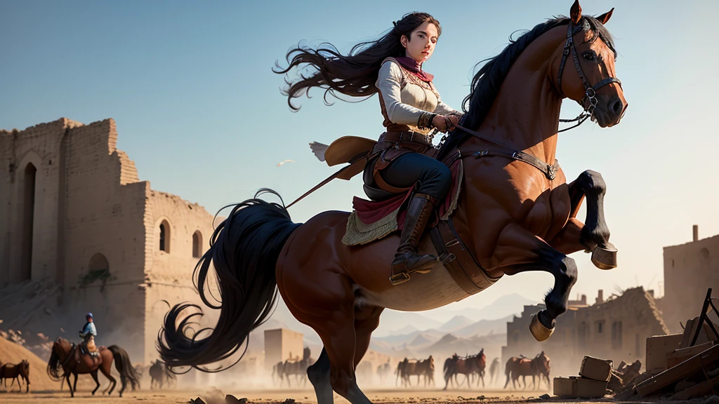 "As the rebels mount their horses, the women are roughly thrown over saddles, their pleas for mercy ignored. The rebels ride off, leaving behind a trail of destruction and despair in the once peaceful village."