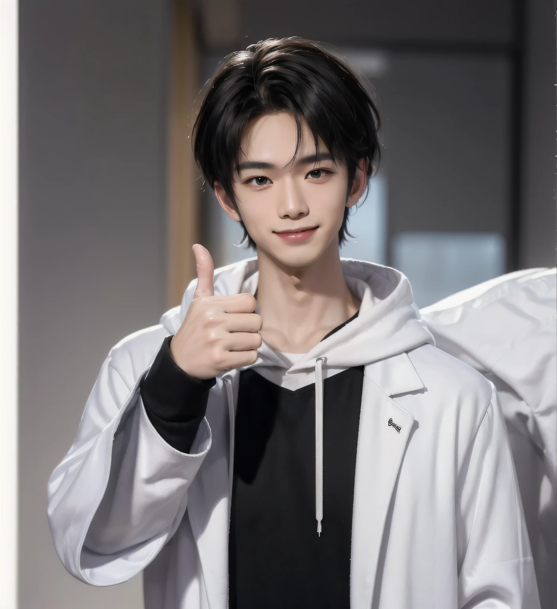 (Realistic:1.2), (Thumbs up:1.4),(smile:1.4), (Facial Detail:1.3), (Hand Detail:1.3), (Anatomically Correct Hand:1.2), Handsome Young Asian Man, Japanese Idol Style, Clean Short Hair Cut, ((Center Part)), (Crisp White White Coat:1.3), ((Under black hoodie:1.2)), (black pants:1.2), (black leather shoes:1. 2)), background: plain white, middle shot, full body image, high quality, detailed, 8K, (realistic skin texture:1.2), (sharp focus:1.1), (contrast between white and black clothes:1.2)