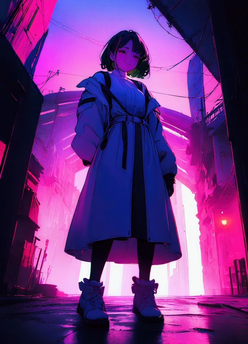 (8k, RAW Photos, highest quality, masterpiece: 1.2), beautyfull woman 30 years old, cyberpunk, animation, fantastic and mysterious background, high saturation, high contrast, smiling face, full body shot