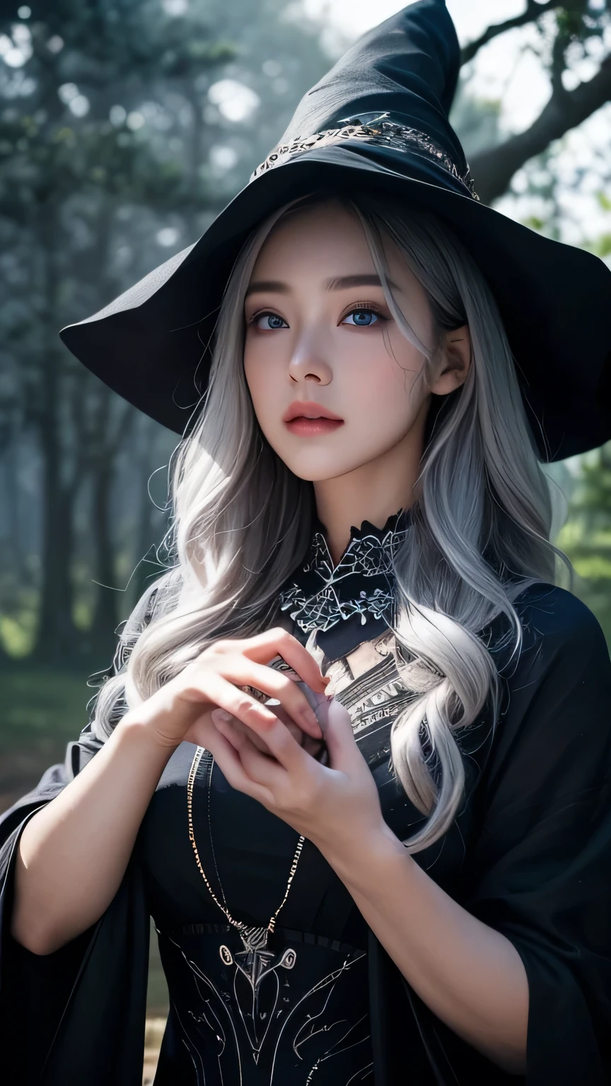 Highest quality、masterpiece、Delicate and beautiful face、Eye and facial details、Female Wizard、Beautiful woman、Black clothes、Cosplay、Medieval European castle in the background、Textured skin、Super Detail、Attention to detail、Silver Hair、Blue eyes、Angry face、Shoot Hair、Beautiful girl、Moisturizing the skin、Lip gloss, eyelash, Shining Face, Glowing Skin、Beautiful lighting、Incredible detail、real texture skin、Attention to detailWizard&#39;s Robe、Dramatic Light、Beautiful modern witch (Witch Hat), Beautiful face and devil's eyes, Gracefully facing the camera, Practice her spells、A ritual is performed when cutting down trees in the Mystic Forest., Surrounded by ((Glowing Rune)) And the spirits under the full moon, Her outstretched hand glows with magical energy.、The constellations swirl around her, There&#39;s something ancient in the background, ((The collapsing tower, Winding staircase)), Spider web, And the dusty records of forgotten magic, (witchcore, magic, pagan, Mysterious, nature, occult) , magician, Spell Magic, magic circle, ((Magic in the hands)),(Tabletop, Highest quality:1.4),(absurdes, High resolution, Ultra-detailed:1.2),(Use black magic:1.4), Imaginative Overlays, Artistic Fusion,Fantastic scene, moving story, Impressive visuals, Upper Body ，(((Highest quality))),(((Ultra-detailed))),(((Tabletop))),