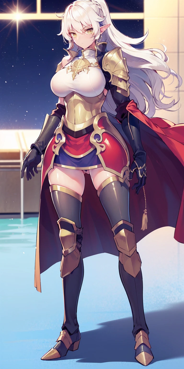 masterpiece, best quality, high quality, 1solo dark black SKIN elf, long hair, white hair, yellow eyes, full body, breastplate, looking at viewer, shiny, armor, thigh highs, high boots, shoulder armor, faulds, poleyn, gloves, gauntlets, (((1 girl))), medium to large breasts, a beautiful and cute lady, standing, (((in the pool at night))), (big muscular ass), {{{wearing armor }}} (thin waist), (incredibly beautiful full body photo, standing, (((bright eyes))), good anatomy, perfect hand muscular legs))), thin waist, muscular abdomen, wearing black high heel shoes, (((with her back to me showing her big shapely ass to me))), grabbing own ass