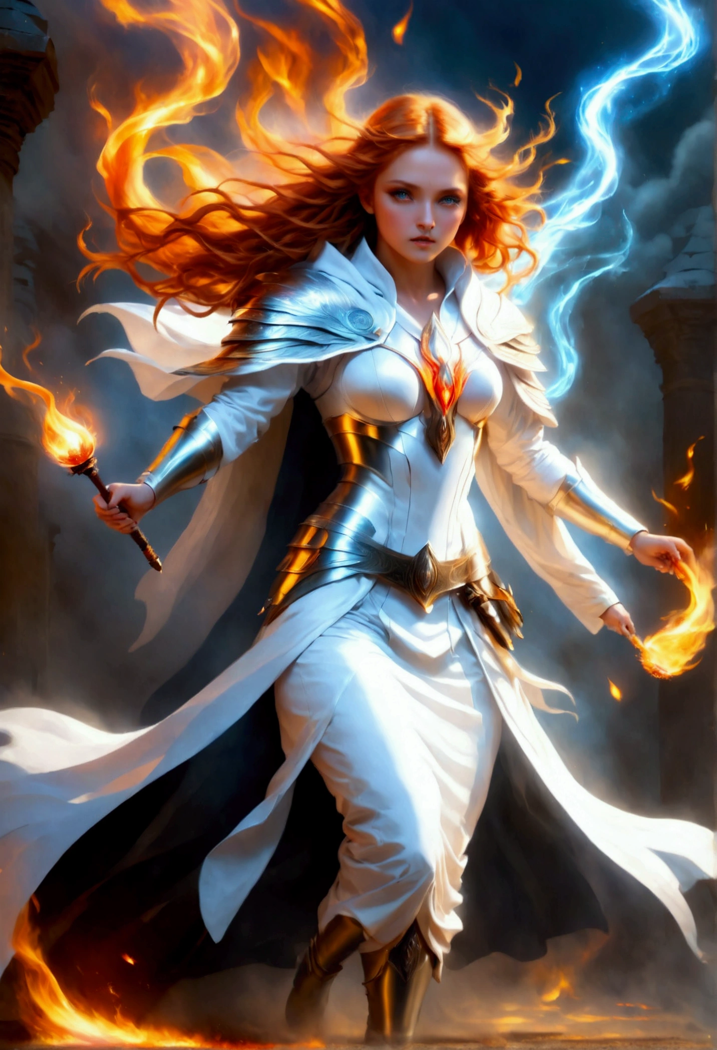 arafed high details, best quality, 16k, (ultra detailed: 1.5), masterpiece, best quality, (extremely detailed), dynamic angle, ultra wide shot, photorealistim, RAW, fantasy art, dnd art, fantasy art, realistic art, a wide angle picture of a female aasimar sorceress casting a fire spell, full body  (intense details, Masterpiece, best quality), D&D aasimar, exremley beautiful female aasimar, orange hair, long hair, wavy hair, dynamic eyes color, angelic eyes, radiant magical eyes, ultra detailed face (intense details, Masterpiece, best quality), spread angelic wings, white angelic wings (intense details, Masterpiece, best quality),  wearing [black] robe, wearing blue cloak, long cloak, flowing cloak with fire motifs (intense details, Masterpiece, best quality), armed with magical staff (intense details, Masterpiece, best quality), manipulating fire magical energy (intense details, Masterpiece, best quality), controlling lightning, dark fantasy magical tower background, evil temple background (intense details, Masterpiece, best quality), Cinematic Hollywood Film, FireMagicAI, Intense gaze