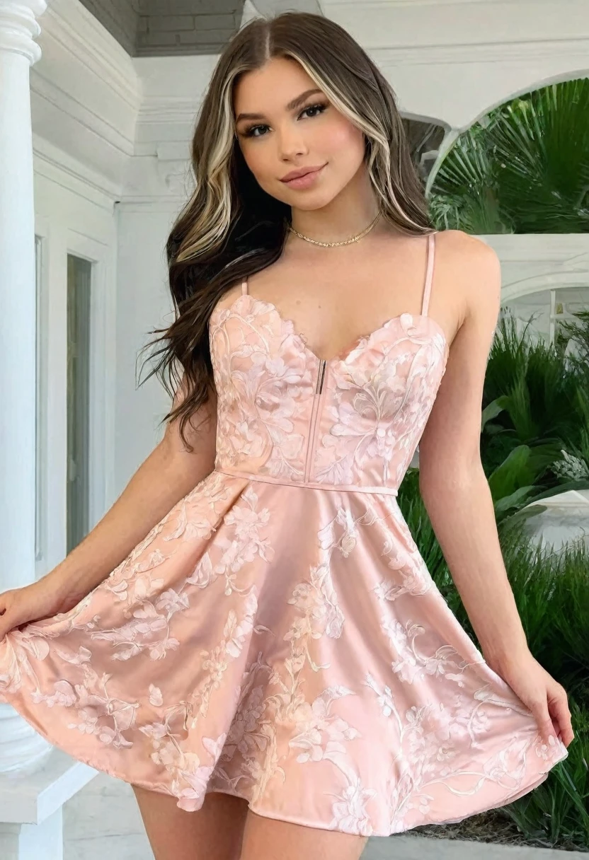 (((high quality:1.2))), Work of art, (8k), extremely detailed, ((High detail:1.2)) ((best resolution)), (Hotlexi woman), (Kenzie Reeves), Solo, ((24 years old brunette female)), (dress),