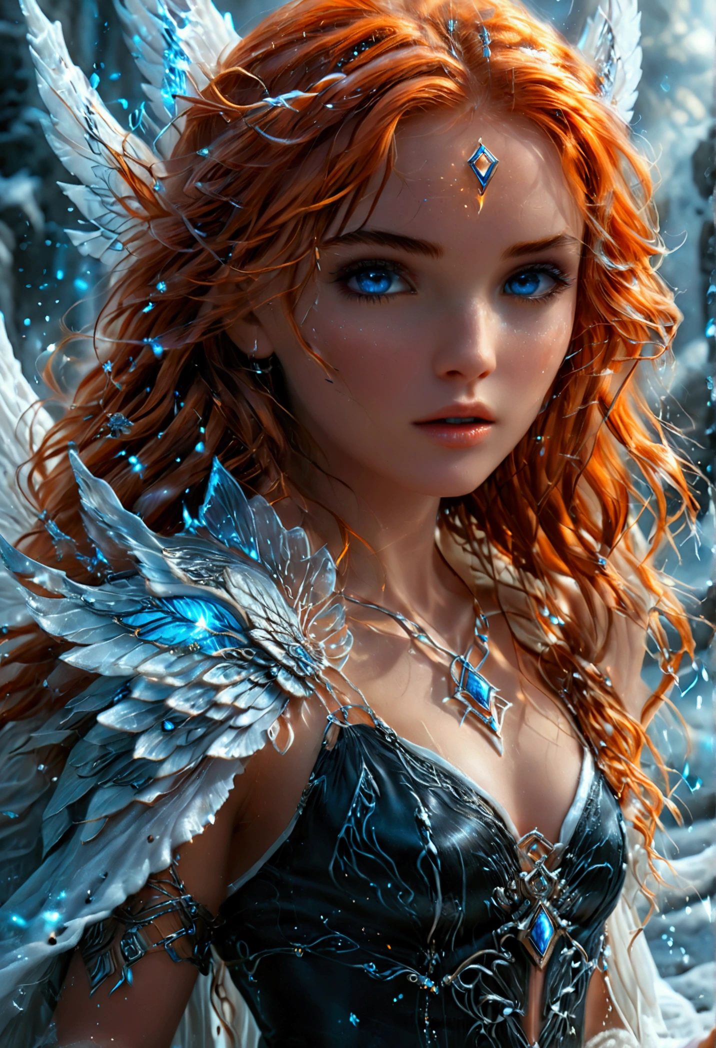 arafed high details, best quality, 16k, (ultra detailed: 1.5), masterpiece, best quality, (extremely detailed), dynamic angle, ultra wide shot, photorealistim, RAW, fantasy art, dnd art, fantasy art, realistic art, a wide angle picture of a female aasimar sorceress casting a ice spell, full body  (intense details, Masterpiece, best quality), D&D aasimar, exremley beautiful female aasimar, orange hair, long hair, wavy hair, dynamic eyes color, angelic eyes, radiant magical eyes, ultra detailed face (intense details, Masterpiece, best quality), spread angelic wings, white angelic wings (intense details, Masterpiece, best quality),  wearing [black] robe, wearing blue cloak, long cloak, flowing cloak with ice motifs (intense details, Masterpiece, best quality), armed with magical staff (intense details, Masterpiece, best quality), manipulating ice magical energy (intense details, Masterpiece, best quality), controlling lightning, dark fantasy magical tower background, evil temple background (intense details, Masterpiece, best quality), Cinematic Hollywood Film, Intense gaze