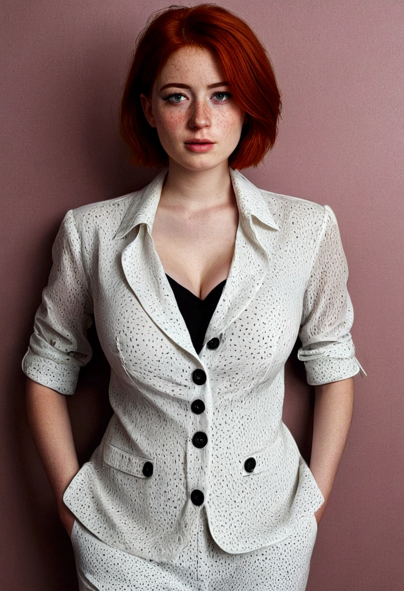 Girl , Red-Haired , freckles , shy short hair , very large breasts , wears a blouse, Blouse buttoned up to the top, visible buttons on the blouse, adult ,Sleeve style suit