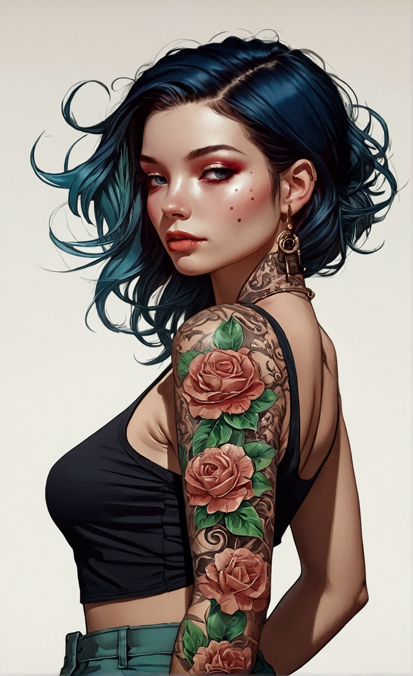 Charlie Bowater's realist lithography sketch portrait of a women, flores, [gears], pipeline, dieselpunk, multicolored ribbons, old paper texture, Very detailed. (Best Quality, 4k, 8k, High resolution, masterpiece:1.2), ultra detailed, (realist, photorealist, photo-realist:1.37), lithography portrait, women, Detailed eyes and lips, beautiful face, moda vintage, elegant pose, vibrant flores, intricate gears, steampunk-inspired pipeline, aged paper texture, Very detailed linework and shading, rich contrast, atmospheric lighting, muted color palette.