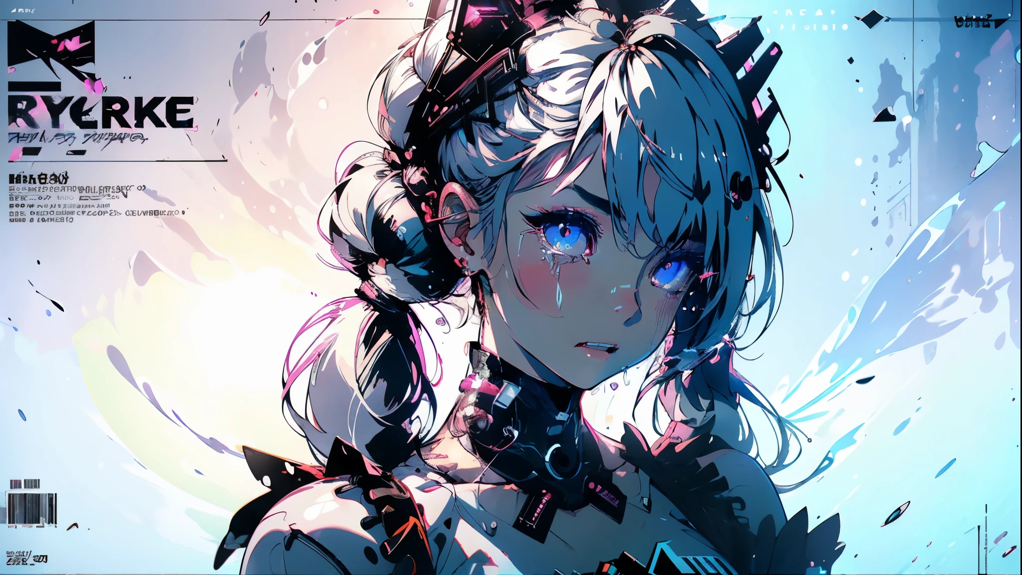 hair bobbles, wince, long eyelashes, solid circle eyes, light smile, ear blush, fang, (white hair), makeup, blush, sad, sad smile, drop shadow, anaglyph, atmospheric perspective, 8k, super detail, accurate, best quality, (cyberpunk), cinematic lighting, masterpiece,1girll, ((((short twintails)))), Colorful hair, flying, pink bows,((16-year-old female model)), (angel halo), ((( wings ))), (magazine cover), ((((text)))), (cover), bold, attention-grabbing, ((title)), stylish, (((font))), panorama, eye level shot, tile from below, title from side, title in middle, ((((magazine cover layout)))), (((lolita dress))), (((wide shot))), (((( color splash ))))