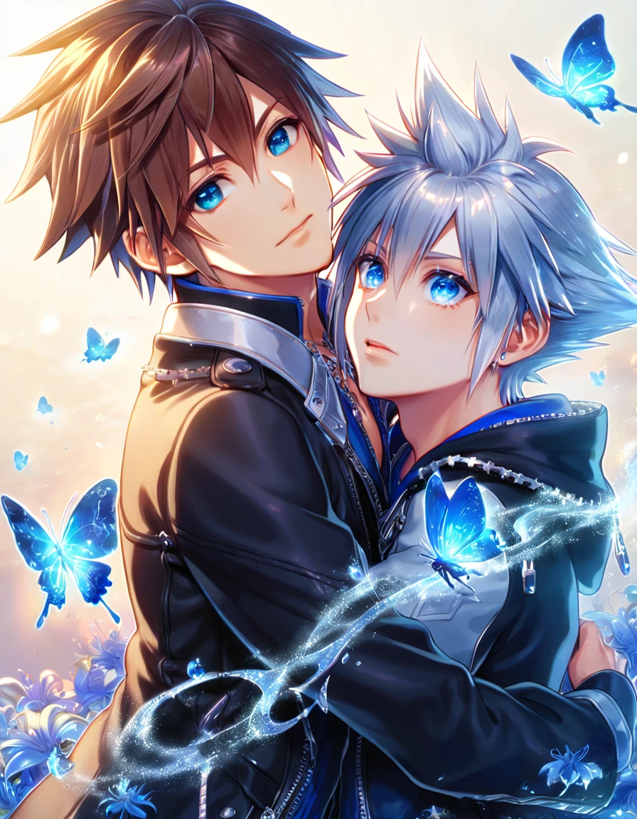 absurd resolution, high resolution, ultra detailed, detailed eyes, extremely detailed, HDR, 8K, Riku, gray hair, expressive blue eyes, Kingdom Hearts 3, Sora, brown hair, expressive blue eyes, two sexy men, yaoi, gay couple, handsome, black coat, black jacket, fantasy, cool, magical, blue glittering butterflies, blue dust flying around, blue spider lilies, blue petals, blue lanterns, icy, cold, blue blossoms
